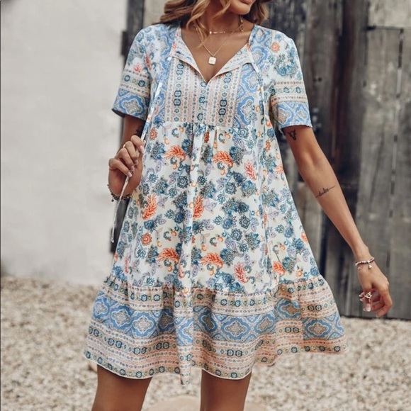 Boho floral print tie neck ruffle hem dress - Picture 4 of 5